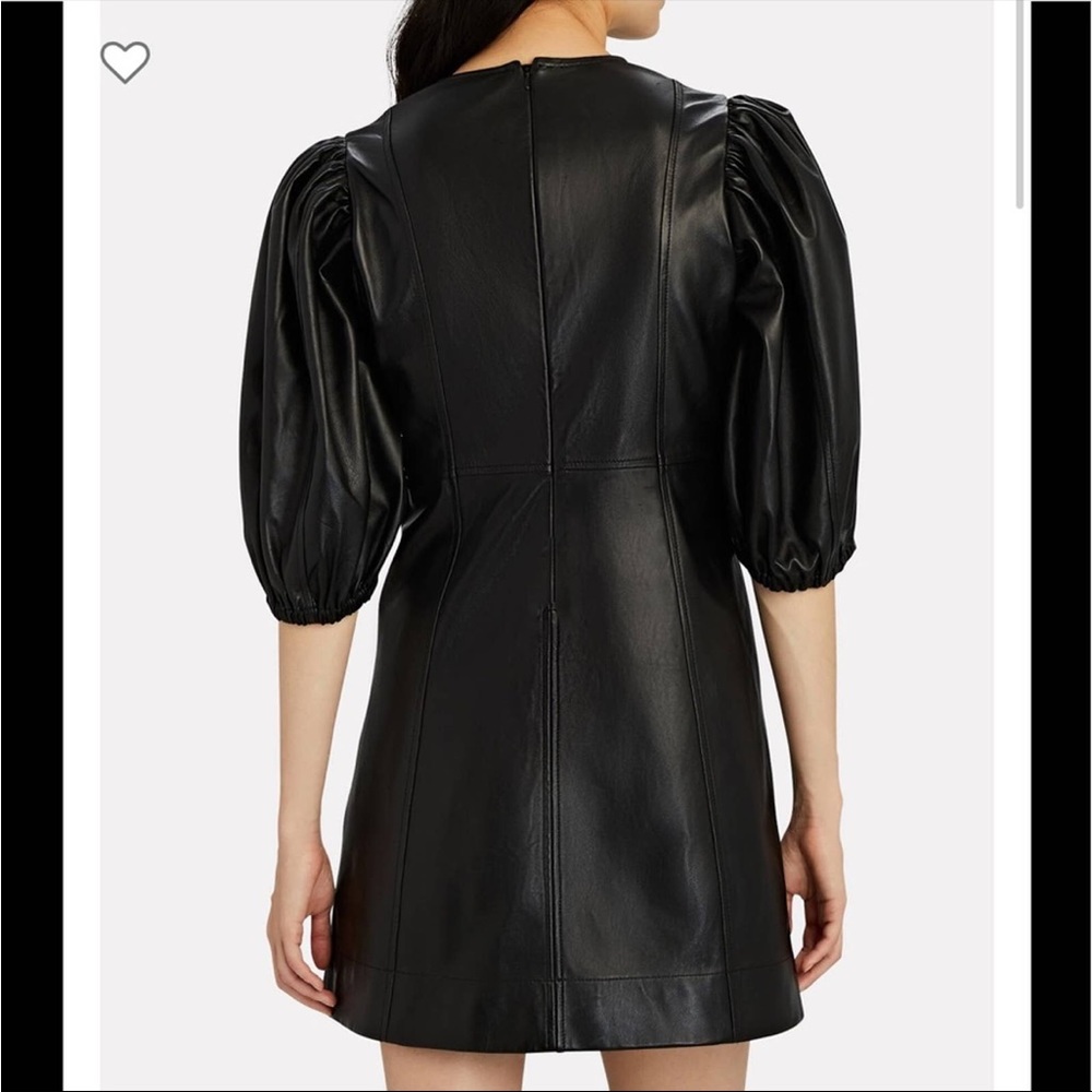 Ganni Puff Sleeve V Neck 100% Lamb Leather Dress - Picture 12 of 13